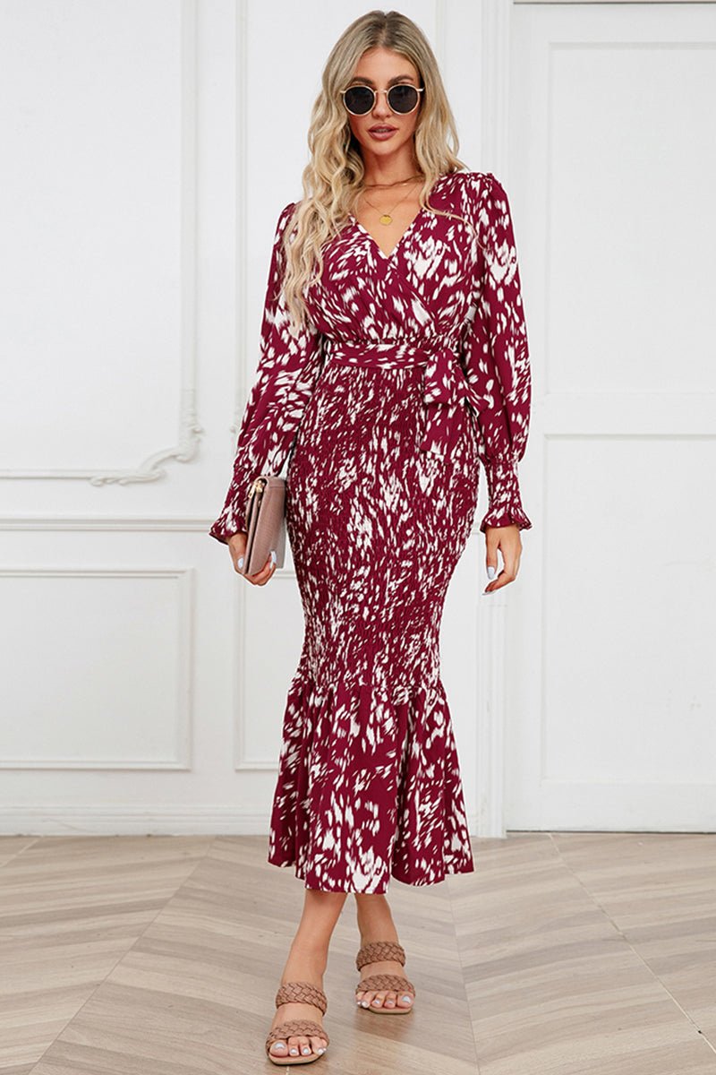 Printed V - Neck Smocked Midi Dress - ViarousViarousViarous