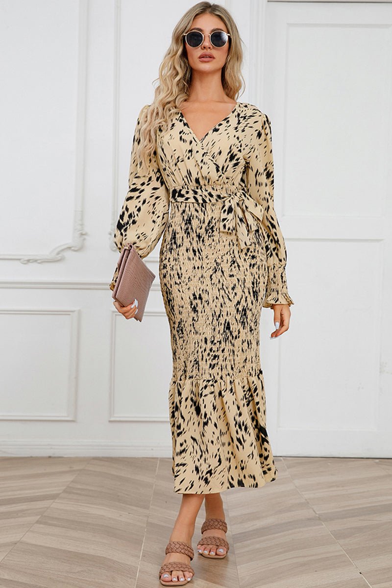 Printed V - Neck Smocked Midi Dress - ViarousViarousViarous