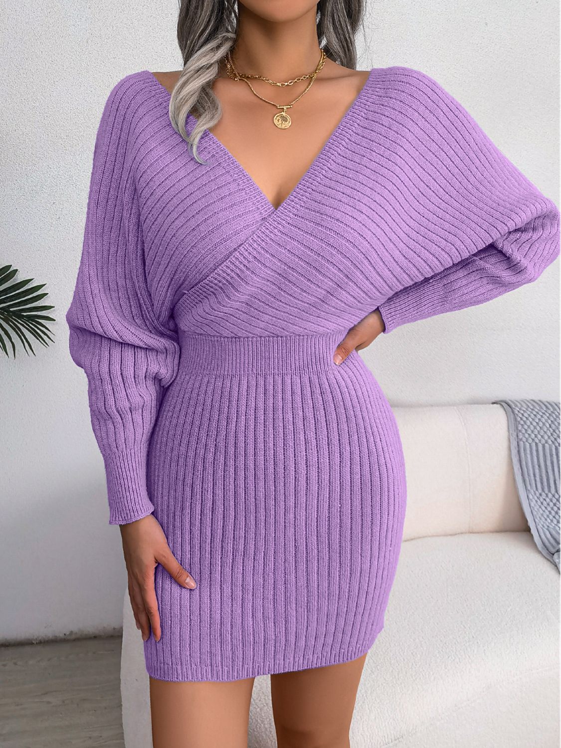Rib - Knit Dolman Sleeve Sweater Dress - ViarousViarousViarous