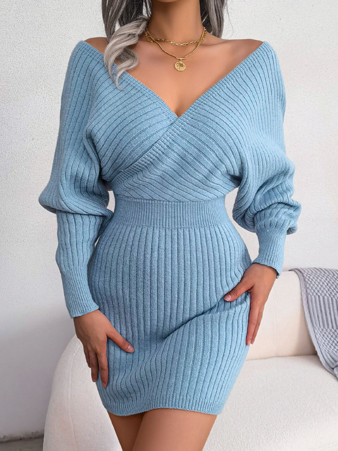 Rib - Knit Dolman Sleeve Sweater Dress - ViarousViarousViarous