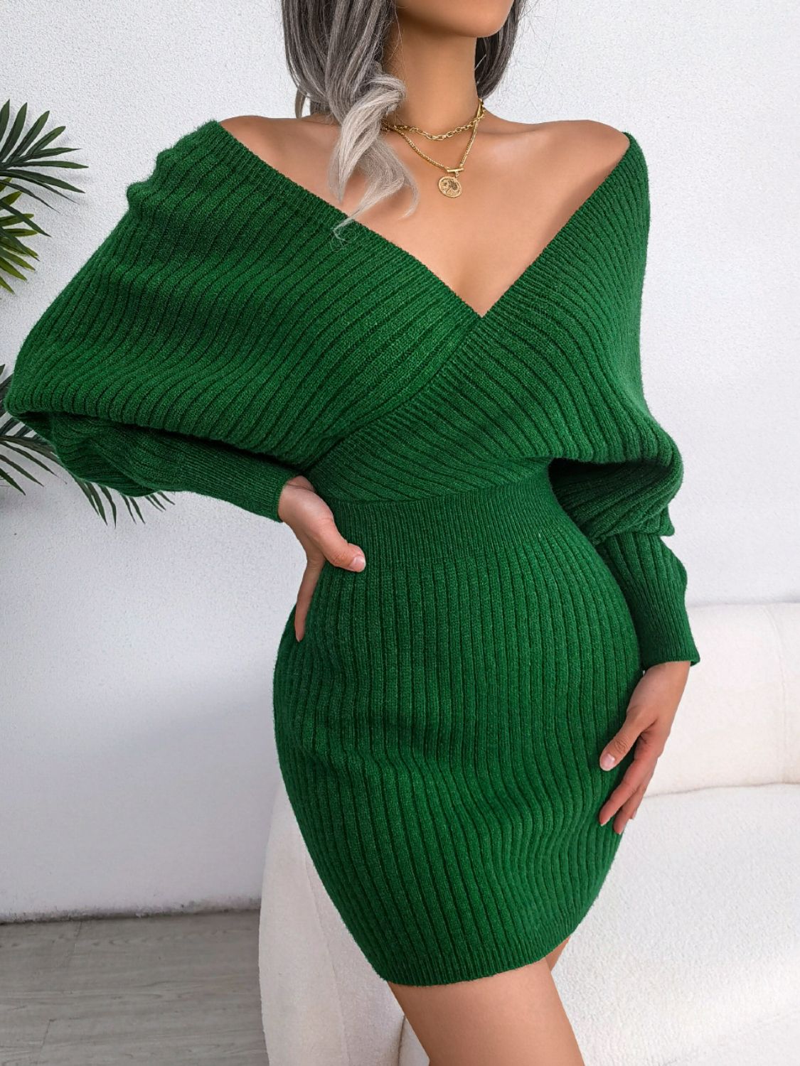 Rib - Knit Dolman Sleeve Sweater Dress - ViarousViarousViarous