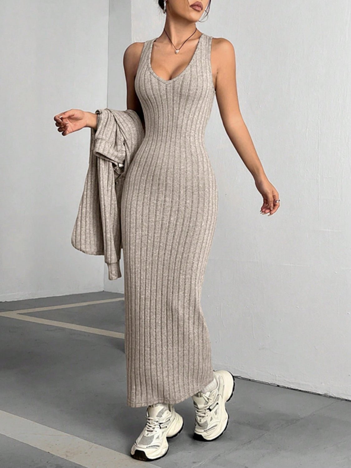 Ribbed Cropped Hooded Top and V - Neck Tank Dress Set - ViarousViarousViarous