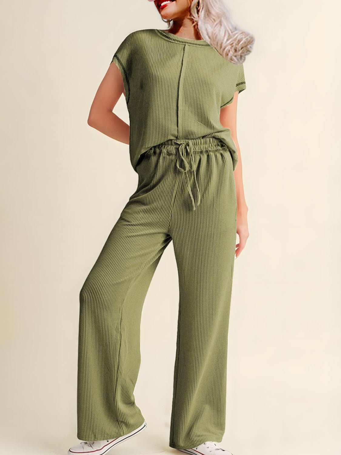 Ribbed Exposed Seam Top and Pants Set - ViarousViarousViarous