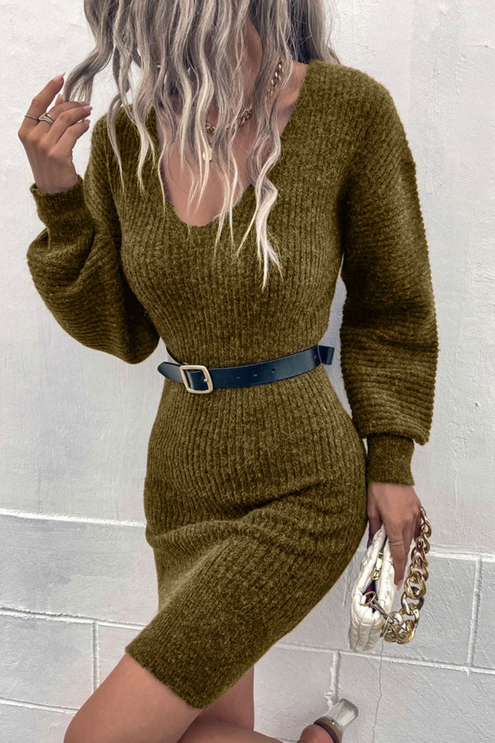 Ribbed Long Sleeve Sweater Dress - ViarousViarousViarous