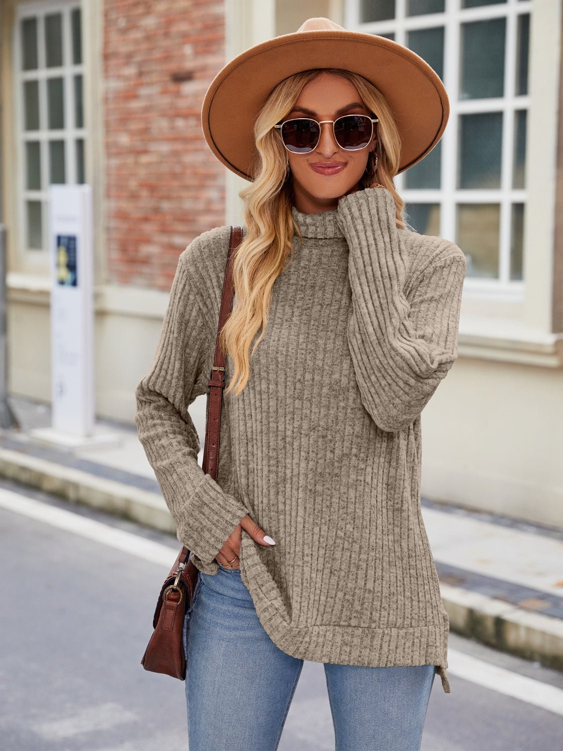 Ribbed Turtleneck Long Sleeve Slit Knit Top - ViarousViarousViarous