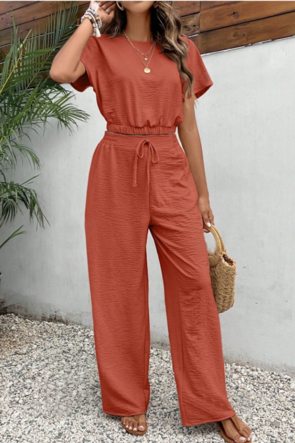 Rounds Neck Short Sleeve Top and Pants Set - ViarousViarousViarous