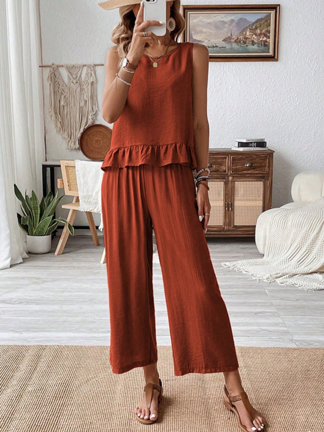 Ruffled Round Neck Top and Wide Leg Pants Set - ViarousViarousViarous