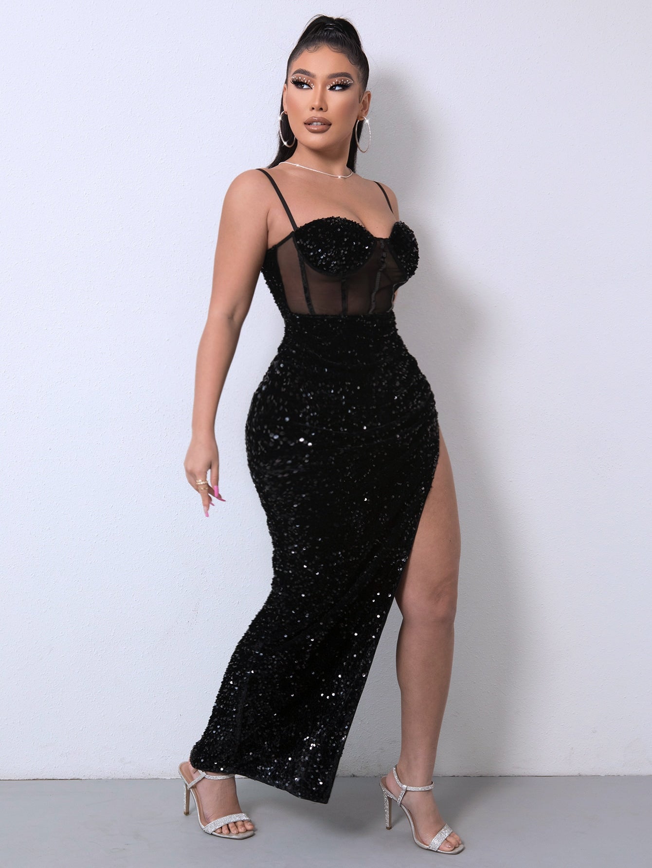 Sequin Spliced Mesh Adjustable Strap Dress - ViarousViarousViarous
