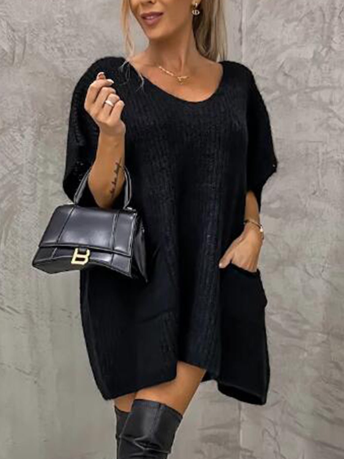 Short Sleeve Sweater Dress with Pockets - ViarousViarousViarous