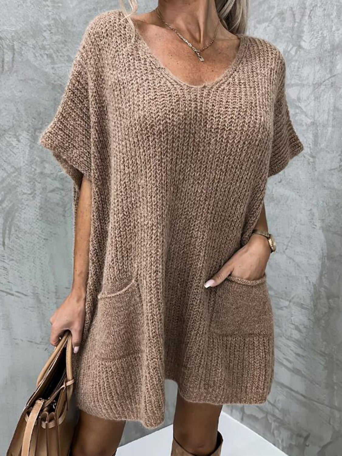Short Sleeve Sweater Dress with Pockets - ViarousViarousViarous