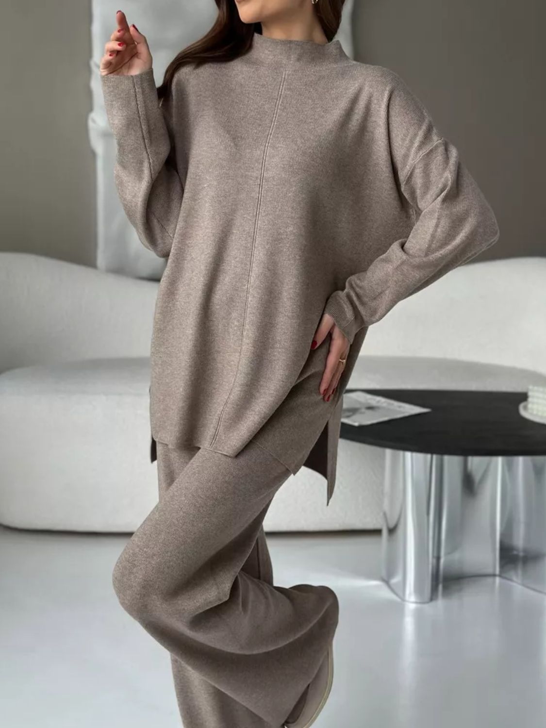 Slit Mock Neck Top and Pants Sweater Set - ViarousViarousViarous