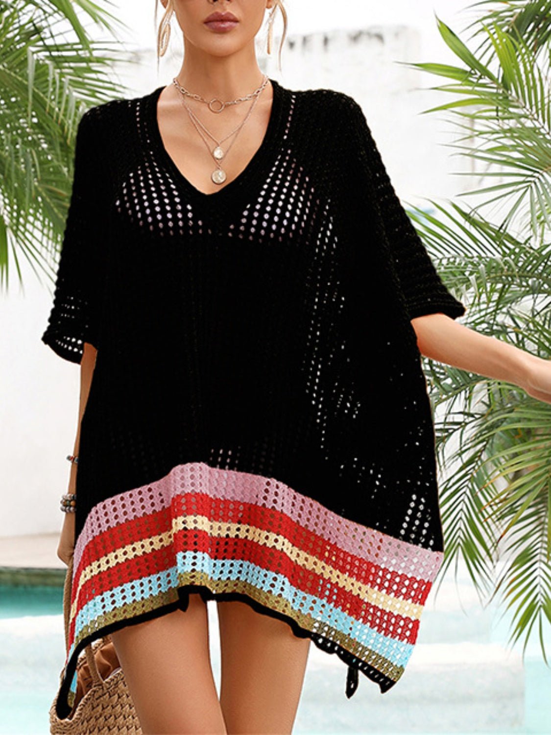 Slit Openwork V - Neck Half Sleeve Cover - Up - ViarousViarousViarous