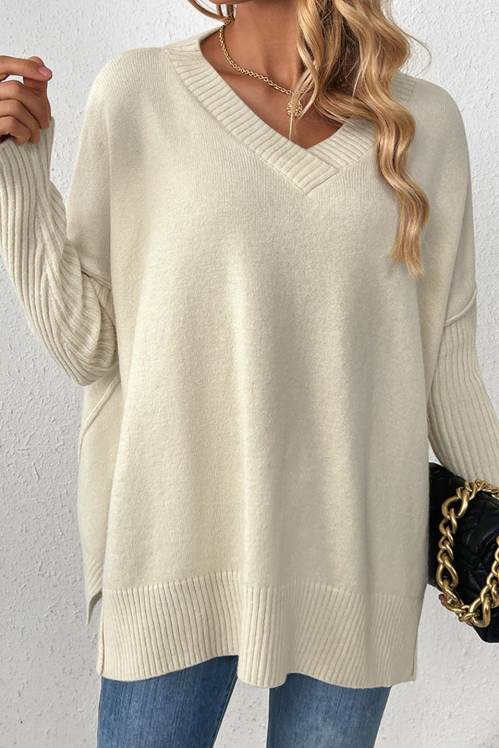 Slit V - Neck Dropped Shoulder Sweater - ViarousViarousViarous