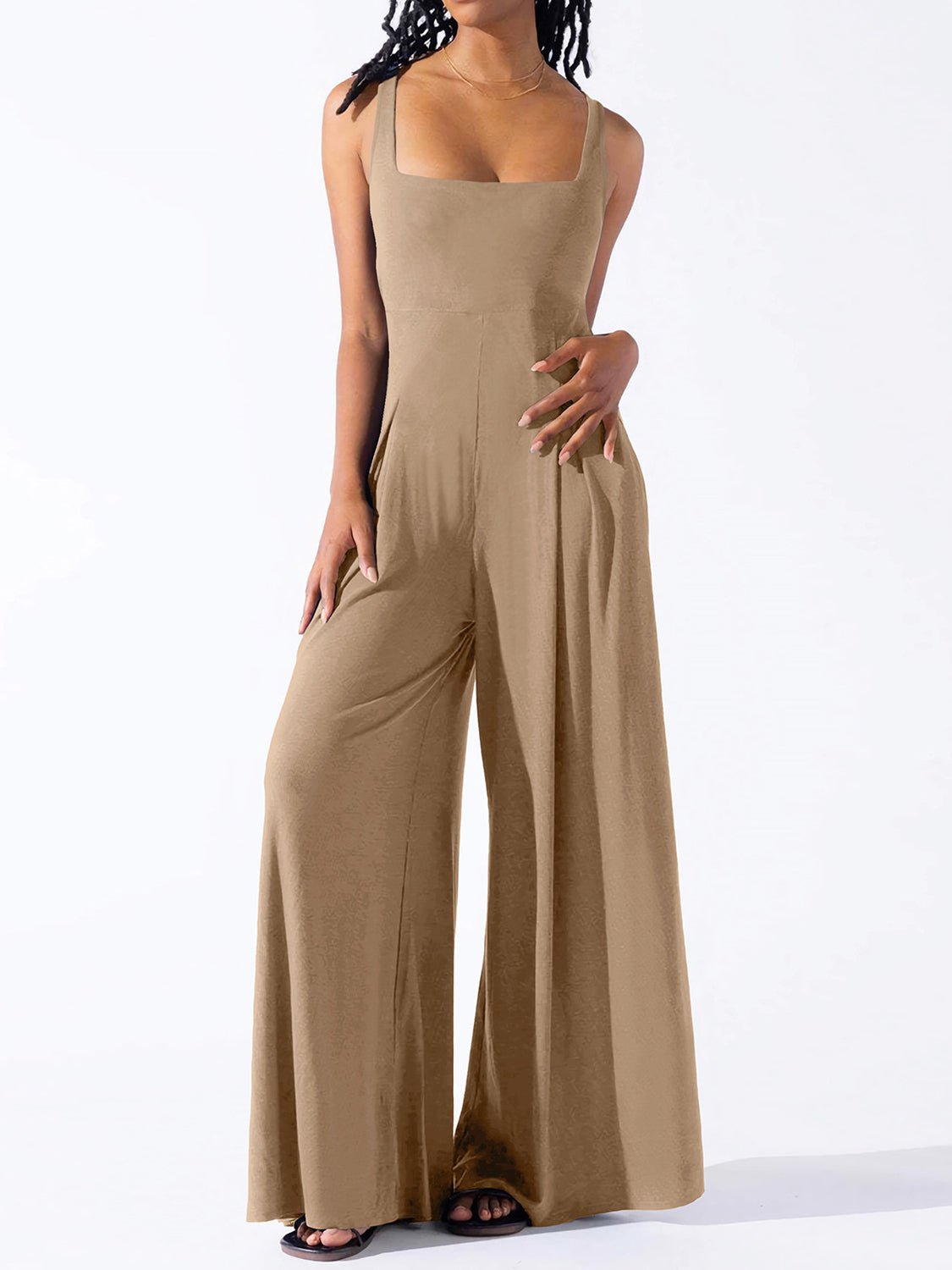 Square Neck Wide Strap Jumpsuit - ViarousViarousViarous