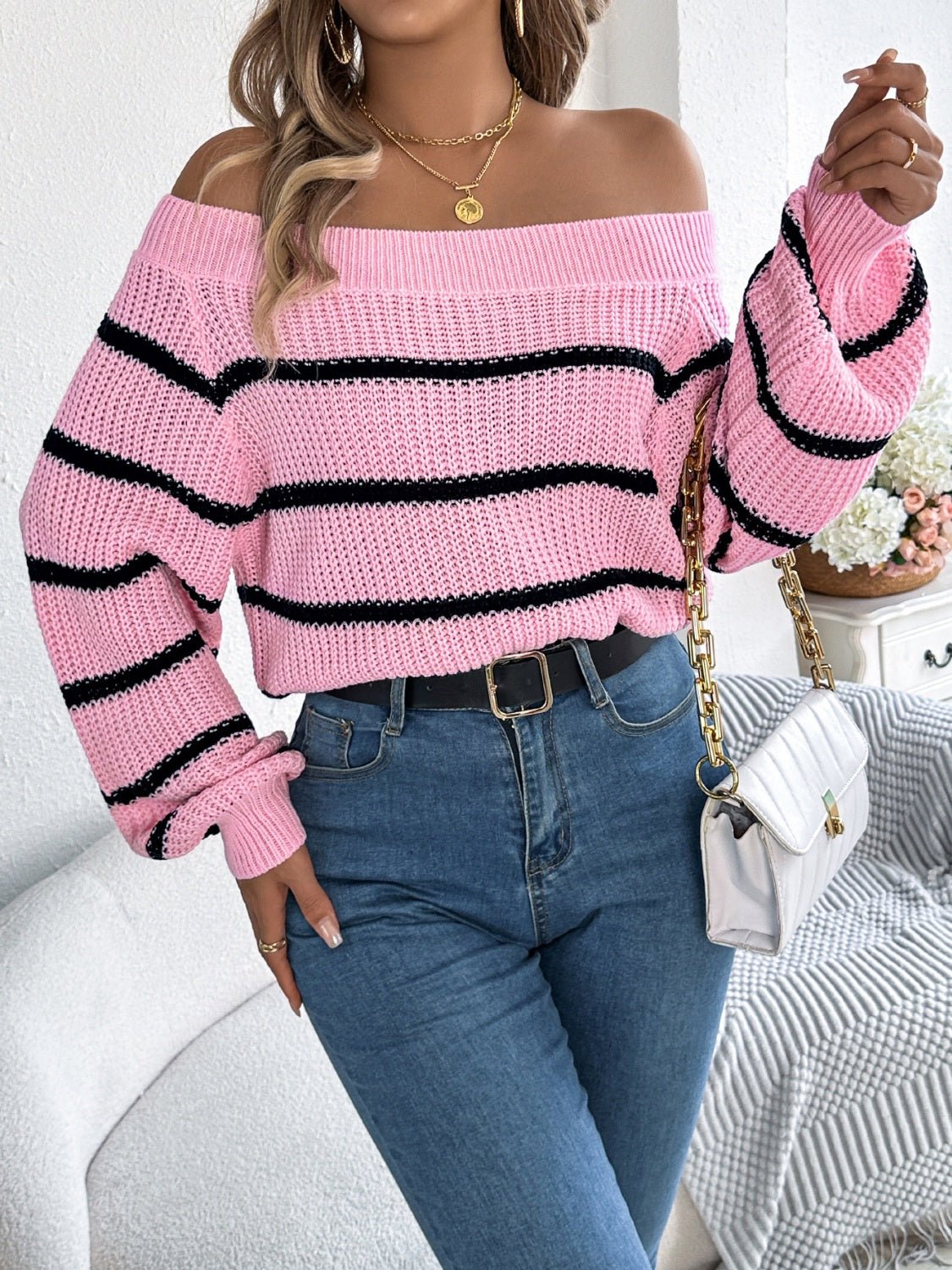 Striped Off - Shoulder Long Sleeve Sweater - ViarousViarousViarous