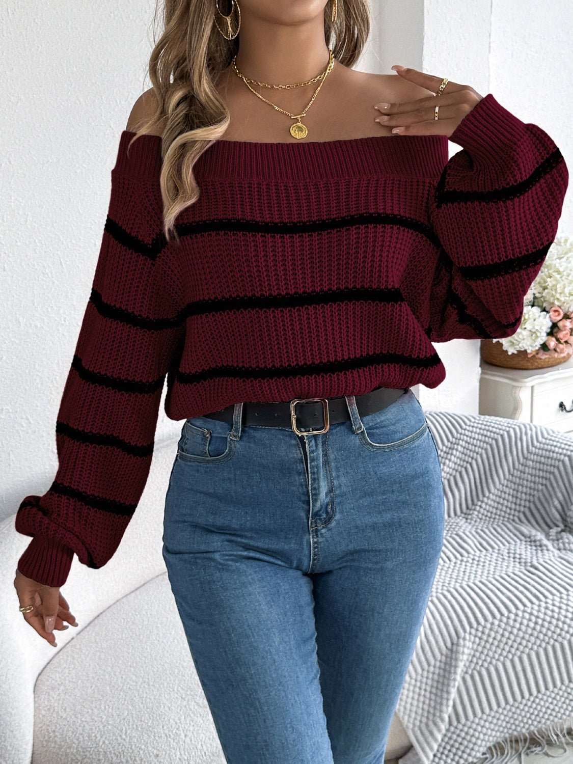 Striped Off - Shoulder Long Sleeve Sweater - ViarousViarousViarous