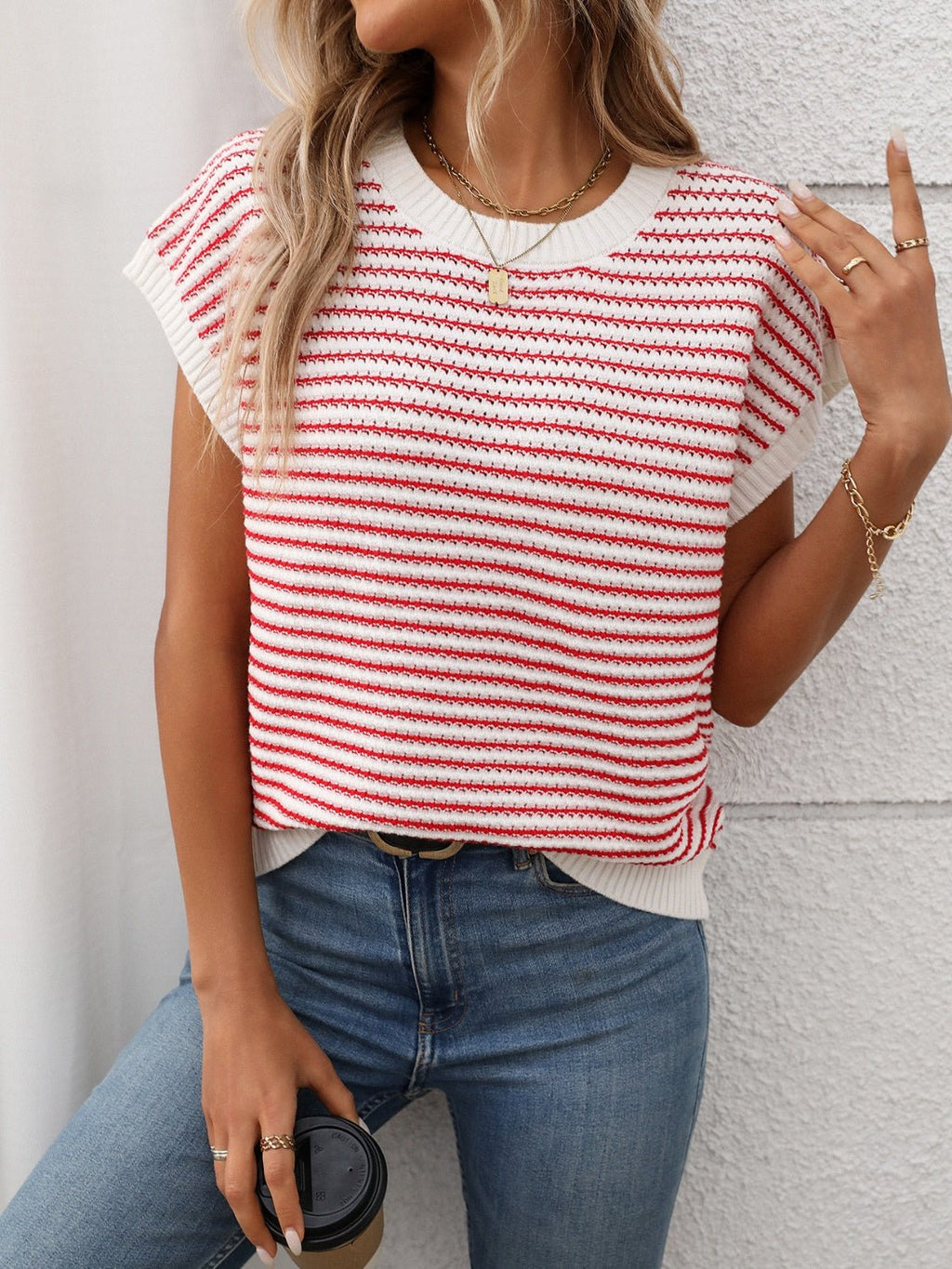 Striped Round Neck Short Sleeve Knit Top - ViarousViarousViarous