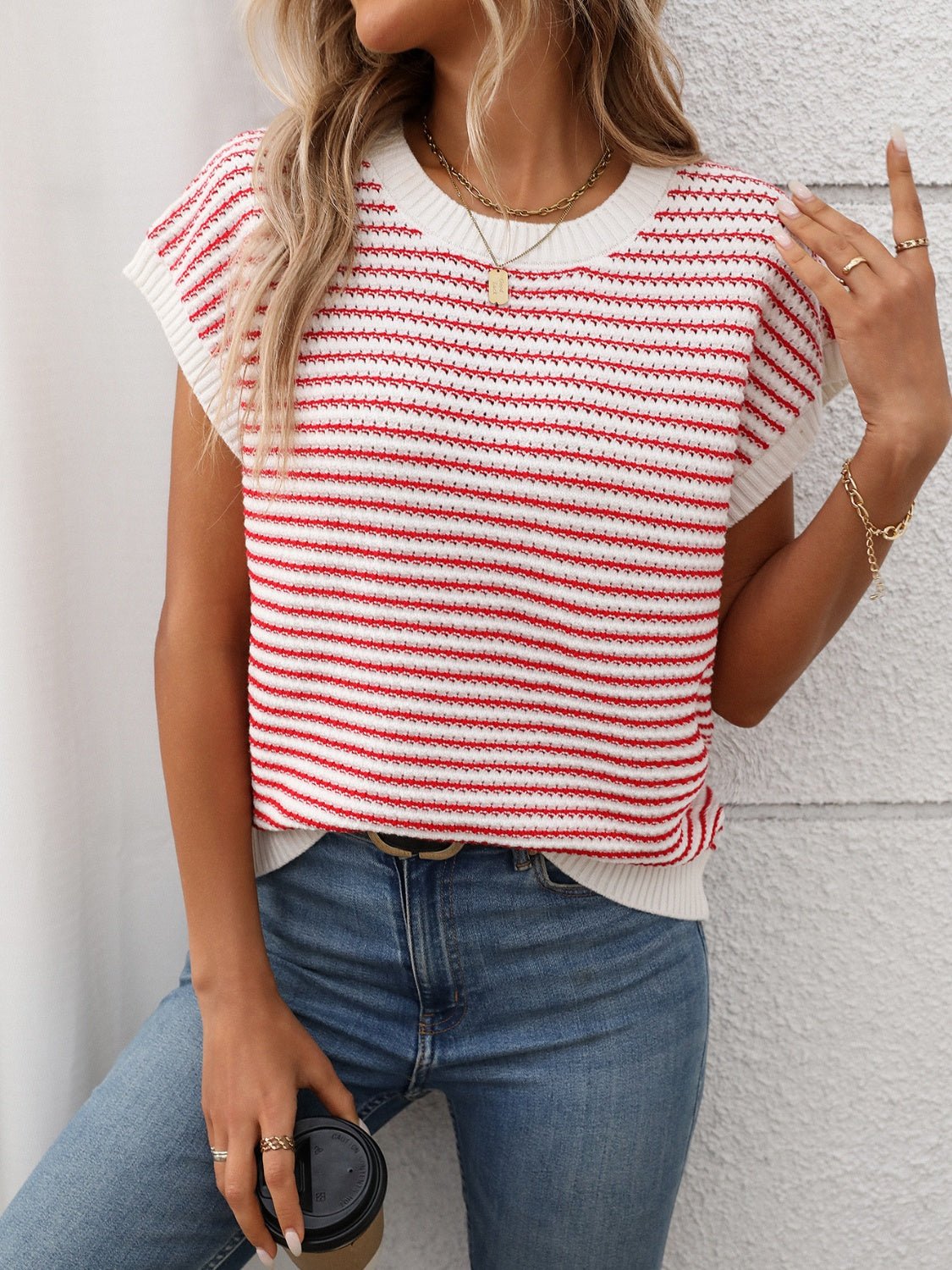 Striped Round Neck Short Sleeve Knit Top - ViarousViarousViarous
