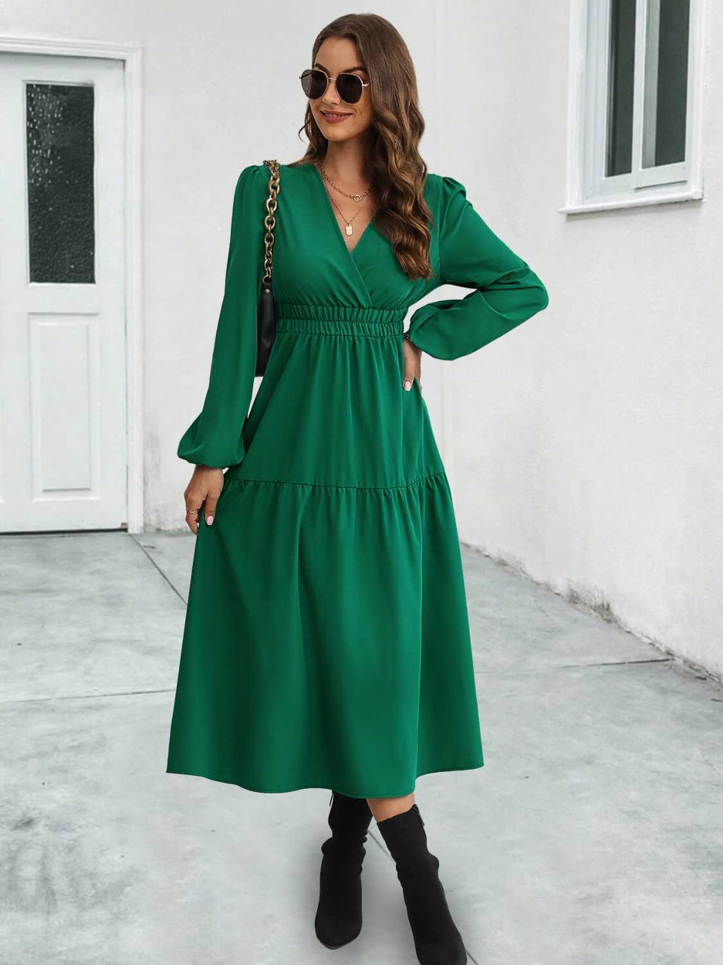 Surplice Neck Long Sleeve Midi Dress - ViarousViarousViarous