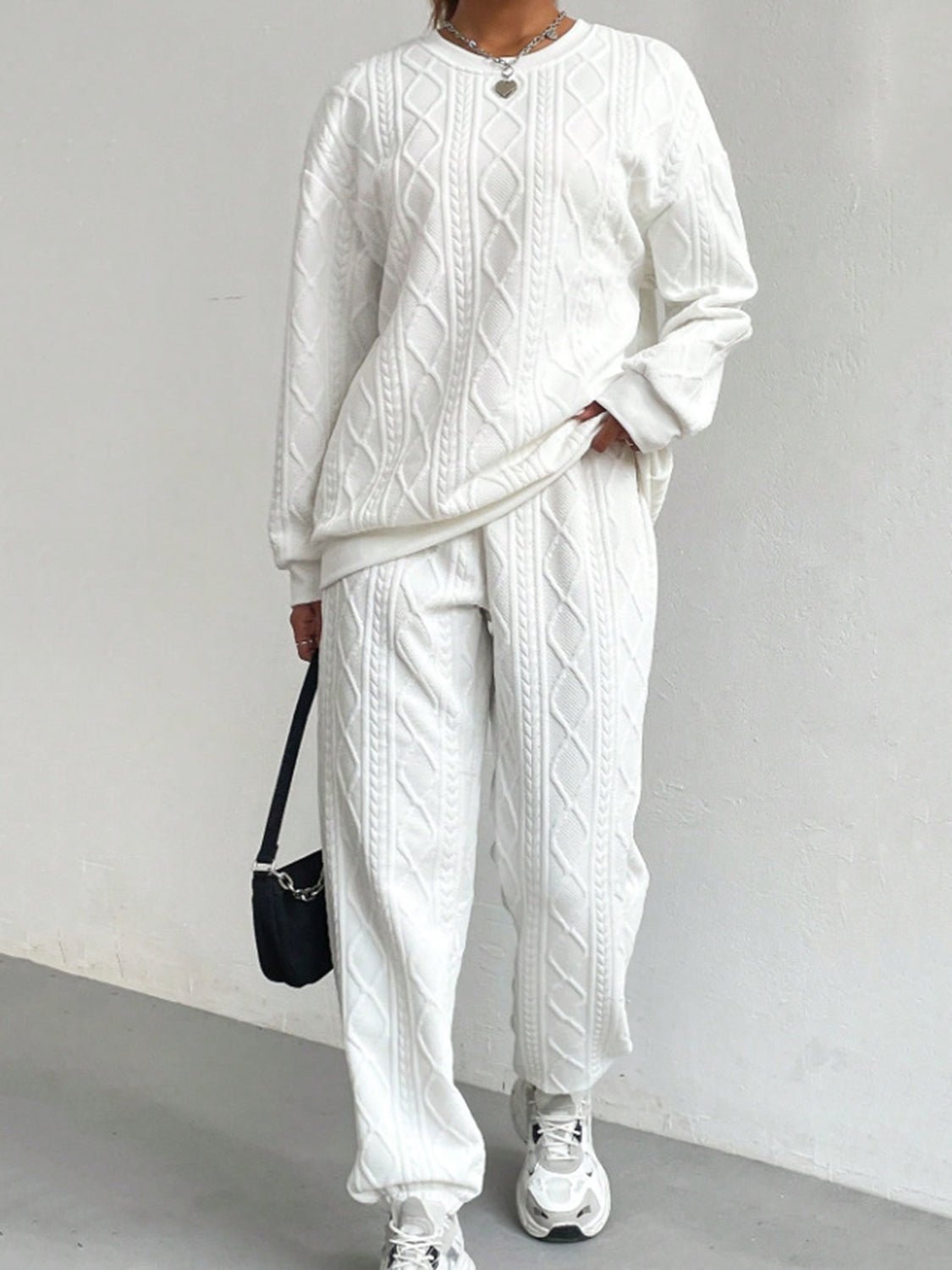Texture Round Neck Top and Pants Set - ViarousViarousViarous