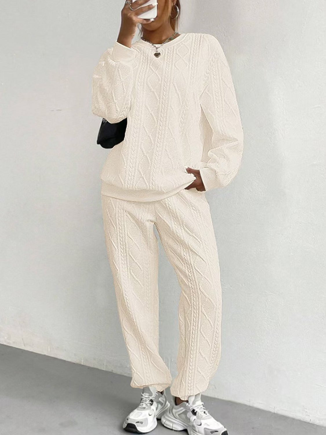 Texture Round Neck Top and Pants Set - ViarousViarousViarous