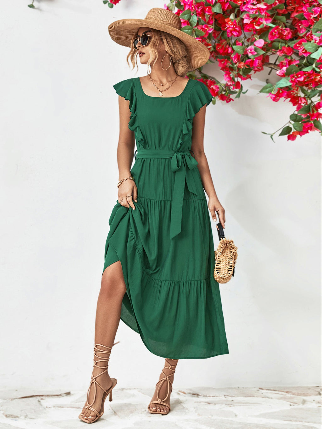 Tie Belt Ruffled Tiered Dress - ViarousViarousViarous