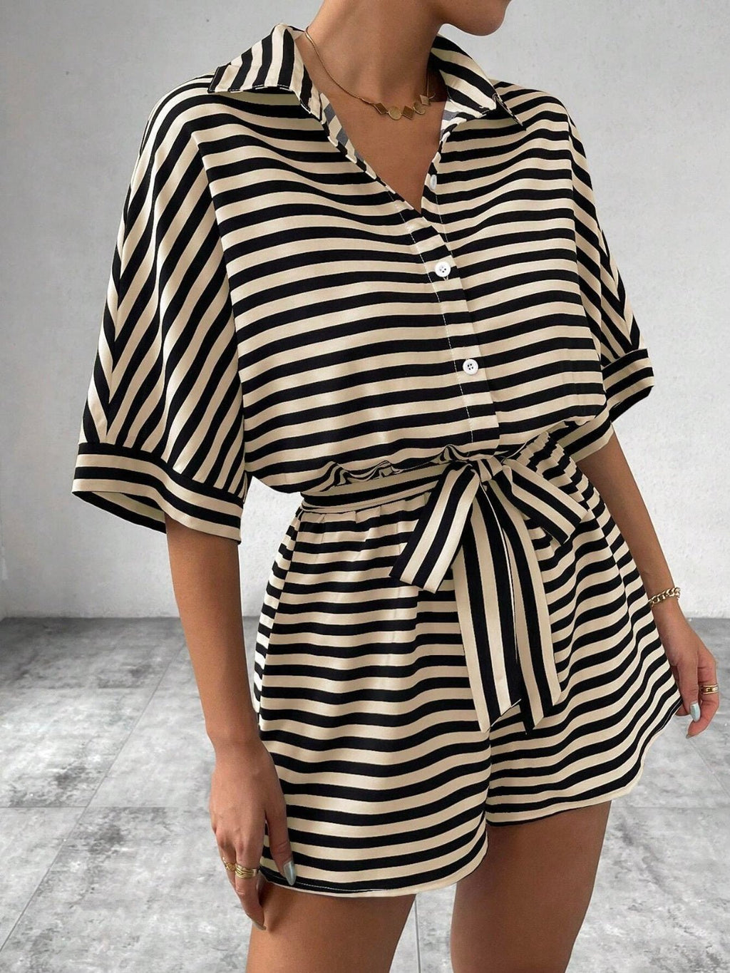Tie Waist Half Button Striped Romper - ViarousViarousViarous