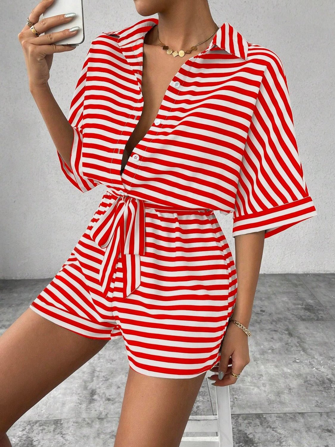Tie Waist Half Button Striped Romper - ViarousViarousViarous