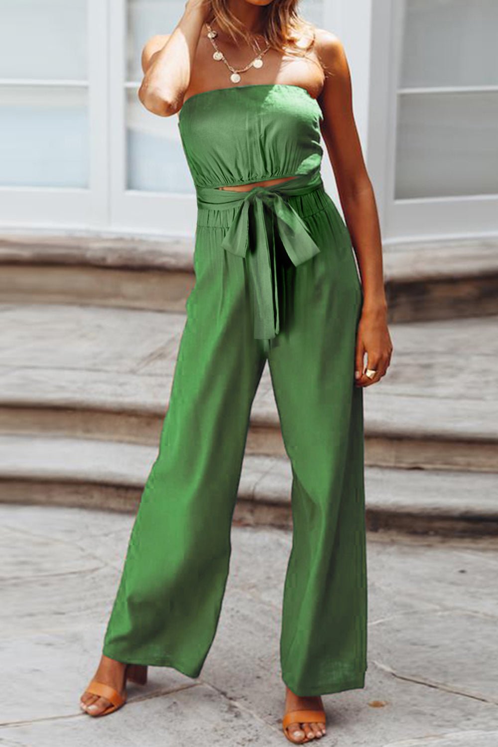 Tied Cutout Tube Wide Leg Jumpsuit - ViarousViarousViarous