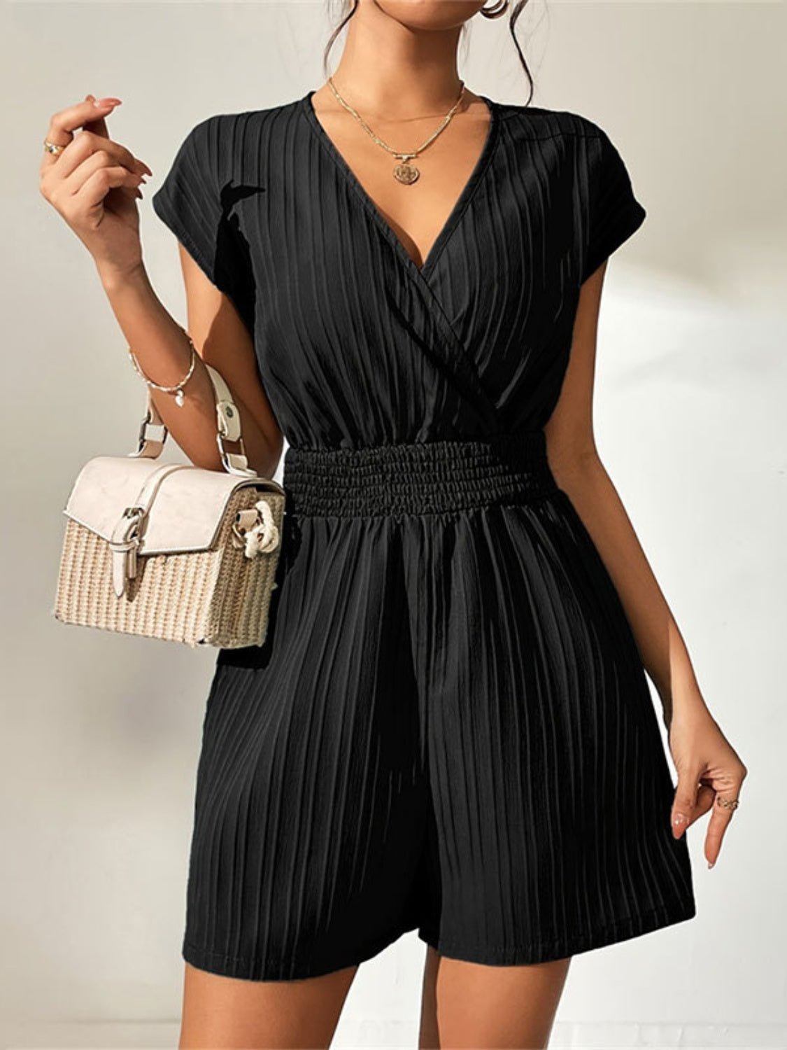 Tied Surplice Short Sleeve Romper - ViarousViarousViarous