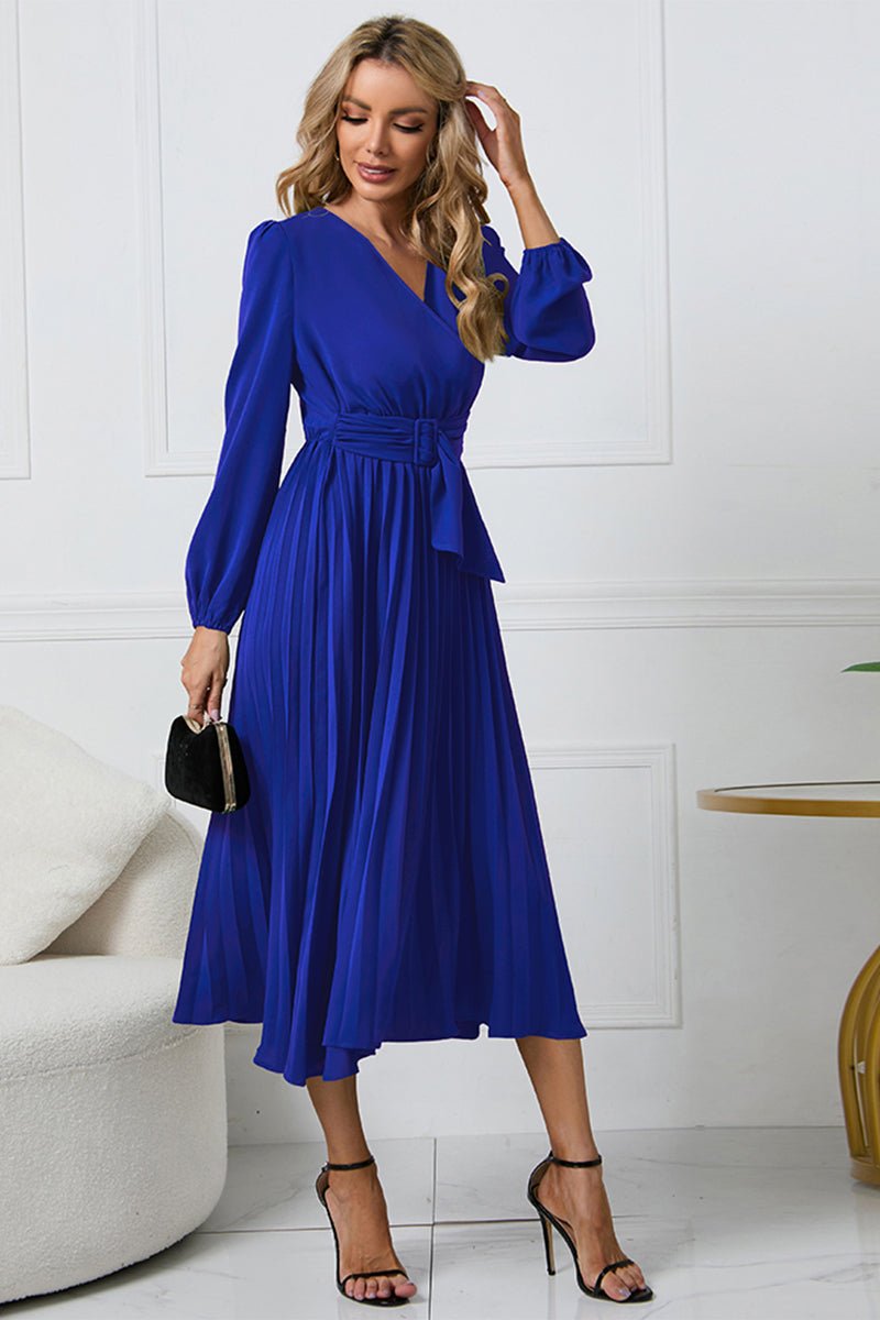 V - Neck Long Sleeve Tie Waist Midi Dress - ViarousViarousViarous